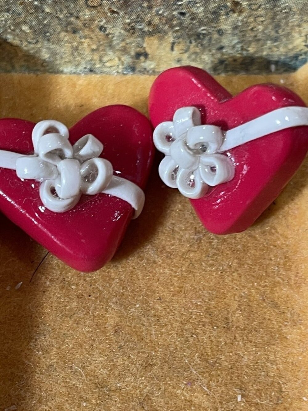 Heart With Bows Red Valentines Gift Giving ~Handmade Stud Earrings